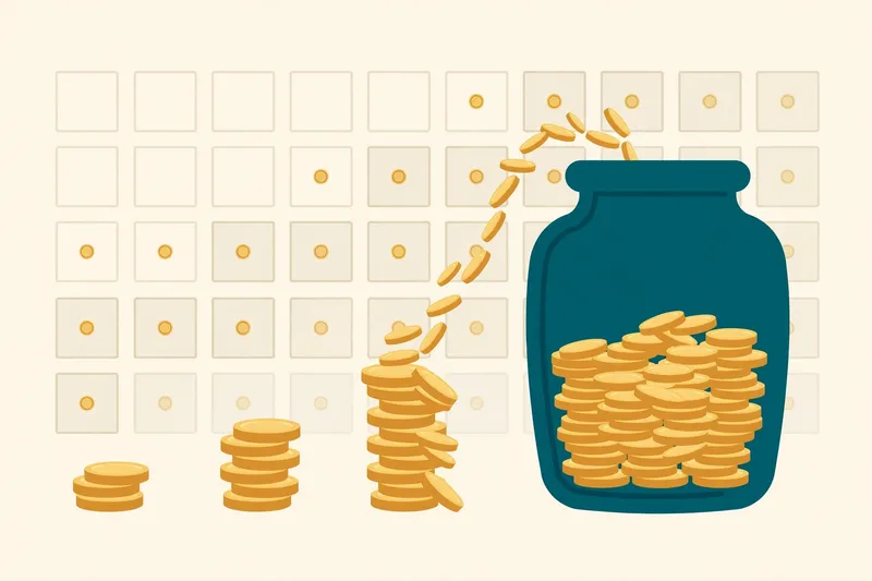 Flat fintech illustration in deep teal and gold: gold coins accumulating step by step into a large teal savings jar against a pale cream calendar-grid background.
