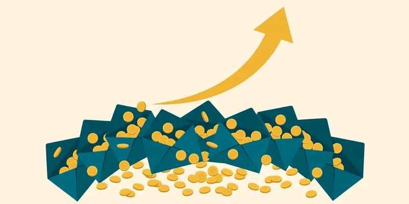 Flat fintech illustration in deep teal and gold: a fan of teal savings envelopes overflowing with gold coins and a rising gold arrow symbolizing growing savings on a pale cream background.