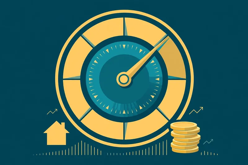 Flat fintech illustration in deep teal and gold: an adjustable-rate dial gauge with a rotating pointer merged with a clock motif marking a five-year cycle, beside a small house silhouette and a stack of gold coins.