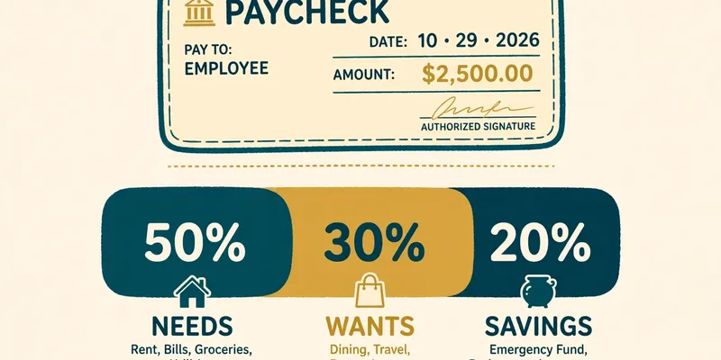 A flat illustration of one paycheck divided into three labelled portions in deep teal and gold on a pale cream background, the largest portion marked 50% for needs, a medium portion 30% for wants, and the smallest 20% for savings
