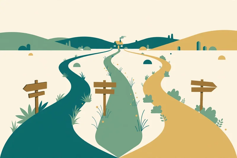 Flat fintech illustration: a fork in the road with three signposts reading buy smaller, move markets and save longer, a small house in the distance