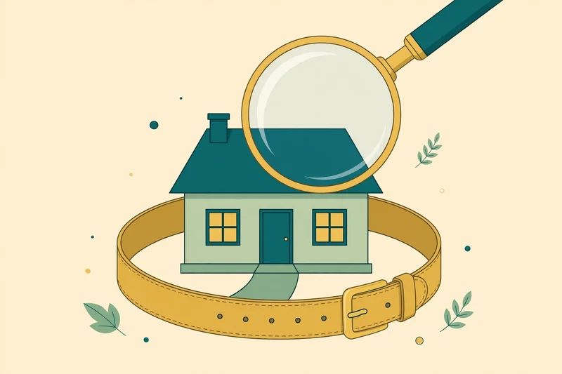 Flat fintech illustration: a modest single-story house inside a tightening budget ring, a magnifying glass over it, in teal and gold
