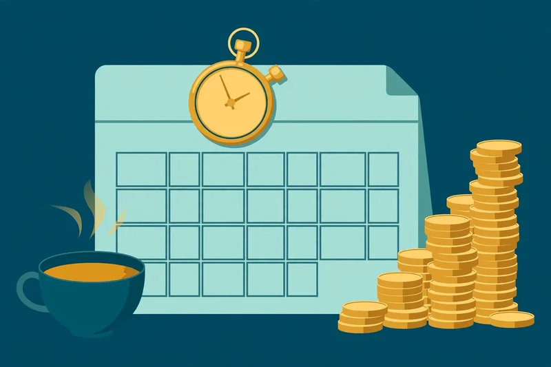Flat fintech illustration: a weekly calendar, stopwatch and rising coin stack in deep teal and gold, showing how hours turn into pay.