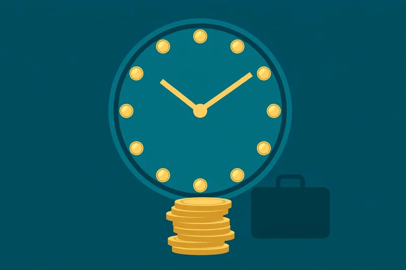 Flat fintech illustration in deep teal and gold: an analog clock face with gold-coin hour marks and a coin stack, symbolising an hourly wage.