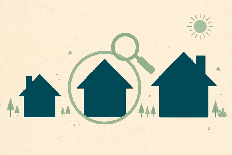 Illustration of three houses in a row at different sizes with a magnifying glass over the middle one