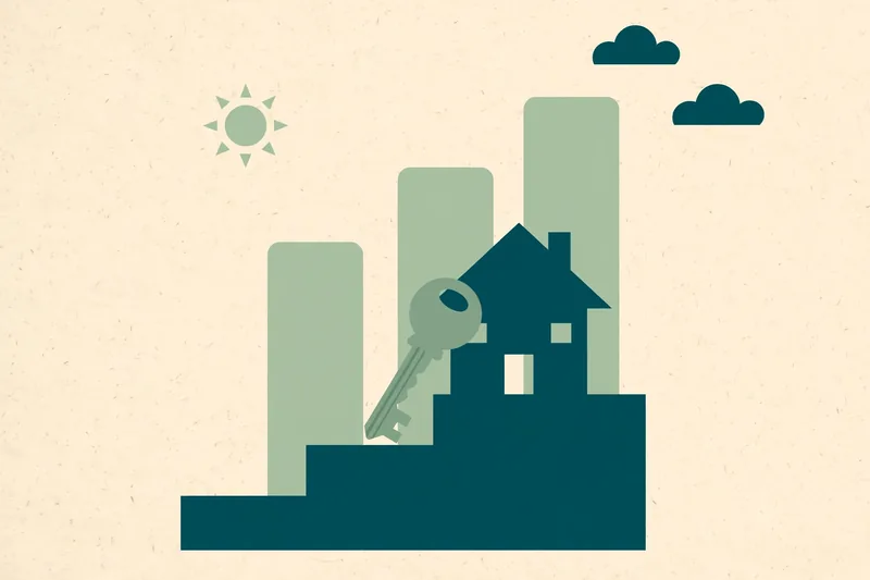 Illustration of a house on rising steps with a key leaning against it, bar charts behind