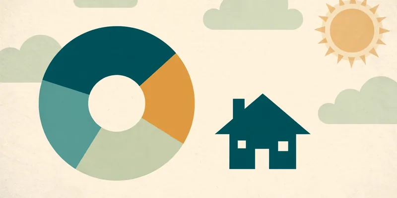 Illustration of a monthly mortgage payment split into four slices: principal and interest, property tax, insurance and maintenance
