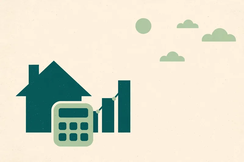 Illustration of a house with a calculator and a rising bar chart