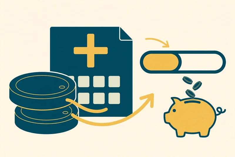 Flat fintech illustration in deep teal and gold: deep teal coins beside a calendar page with a gold plus sign, an arrow showing an extra payment flowing into a shortening loan balance bar, a small gold piggy bank with coins dropping in, on a pale cream background.