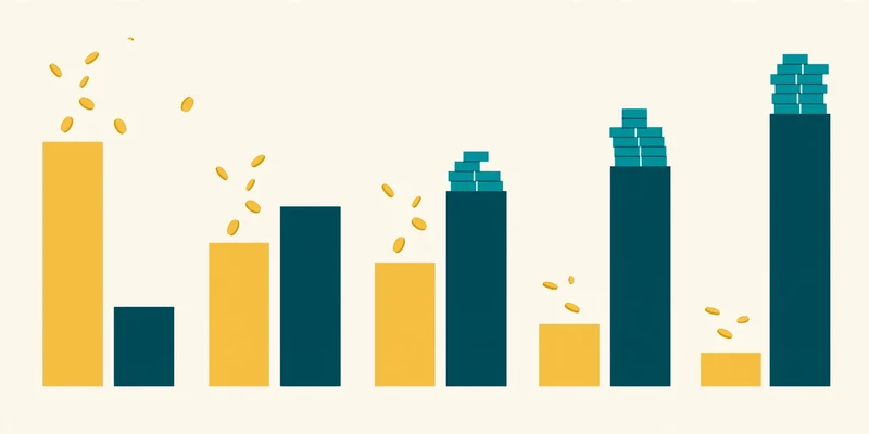 Flat fintech illustration in deep teal and gold: a horizontal loan timeline where tall gold interest bars shrink step by step from left to right while deep teal principal bars grow taller, gold coins drifting above and teal blocks stacking below, on a pale cream background.