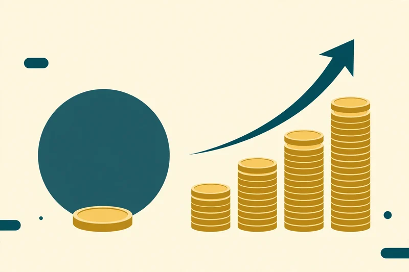 A single gold coin beside four rising stacks of gold coins under a large curving deep teal arrow pointing upward, in deep teal and gold on a pale cream background