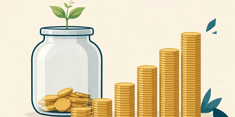 A glass savings jar holding gold coins beside four rising stacks of gold coins topped by a small green sprouting plant, in deep teal and gold on a pale cream background
