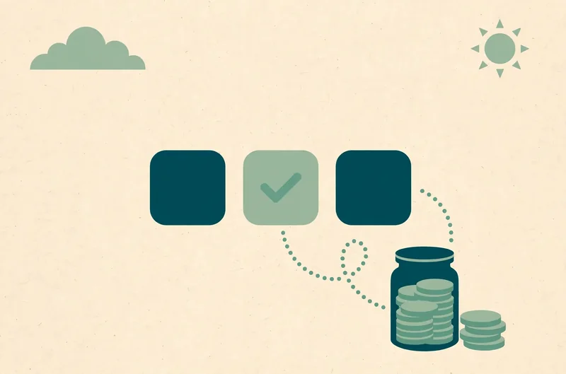 Illustration of three app tiles with a checkmark on the middle one, beside a savings jar filling with coins