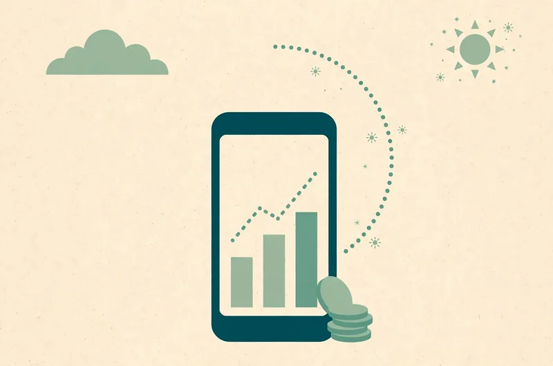 Illustration of a smartphone showing a bar chart and rising line, with a stack of coins leaning against it