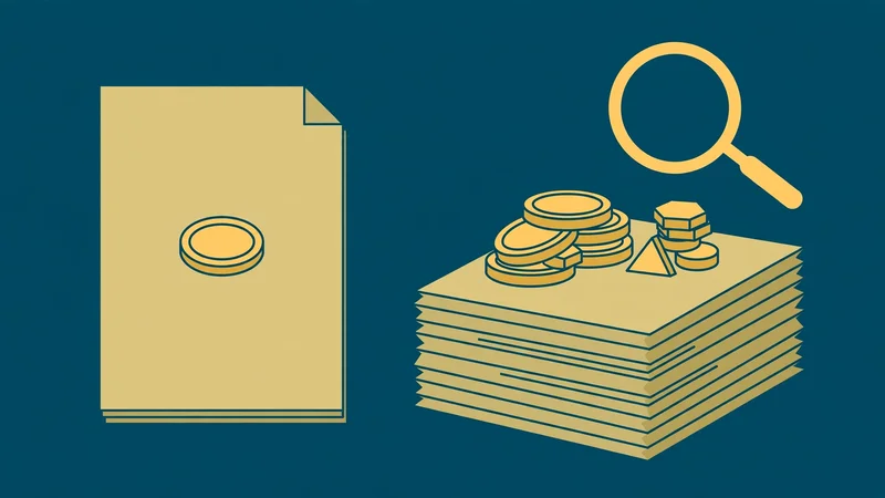 Flat fintech illustration in deep teal and gold: two mortgage documents side by side; a thin document with a single gold coin beside a thicker document topped with stacked coins and small tokens, a magnifying glass hovering over the thicker one.