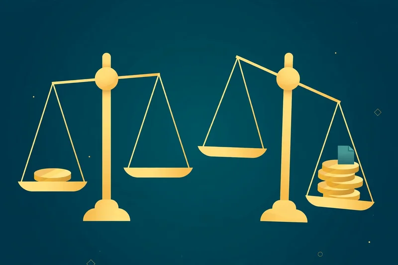 Flat fintech illustration in deep teal and gold: two gold balance scales side by side; the left scale holds a single plain gold coin, while the right scale tips heavier with stacked coins and a small document slip on top.