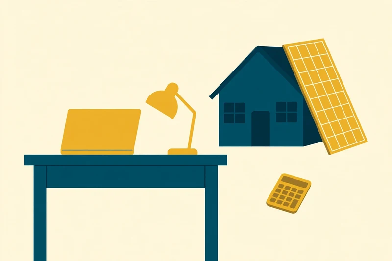 Flat fintech illustration in deep teal and gold on pale cream: a deep teal home-office desk with a gold laptop and gold lamp, a deep teal house with a gold solar panel, and a small gold calculator, on a pale cream background, no text.