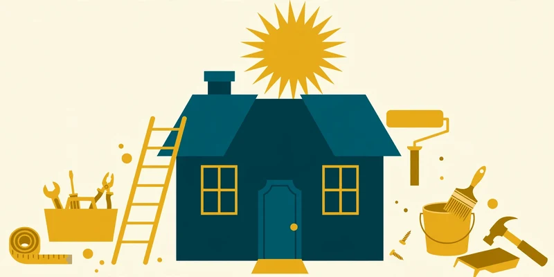 Flat fintech illustration in deep teal and gold on pale cream: a deep teal house surrounded by a gold toolbox, ladder, paint roller, paintbrush and hammer, gold sun above, on a pale cream background, no text.