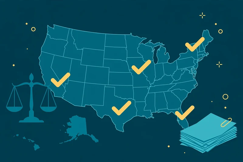 Flat fintech illustration in deep teal and gold: a map of the United States with gold checkmarks on several states, teal scales of justice and a stack of closing documents nearby.