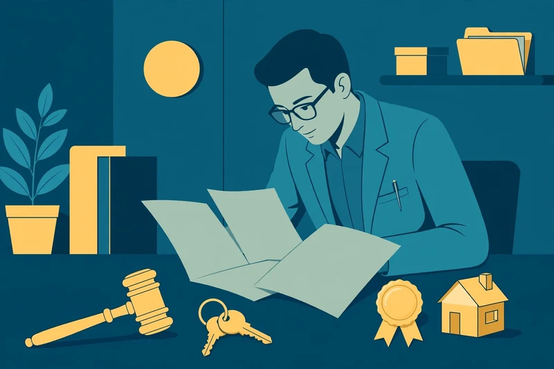 Flat fintech illustration in deep teal and gold: a real estate lawyer reviewing closing documents at a desk, with a gavel, house keys, and a gold contract seal beside a small house model.