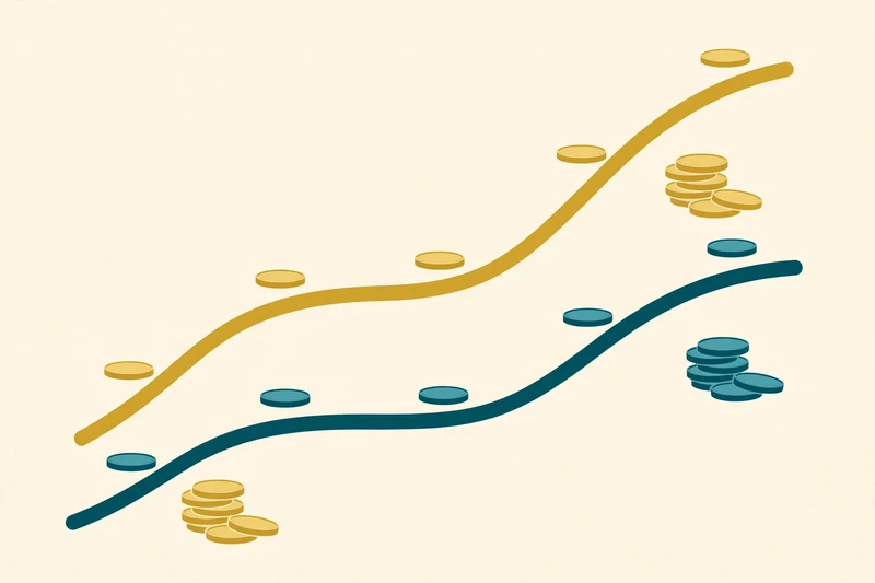 Text-free illustration in deep teal and gold on pale cream showing two overlapping savings lines rising by age band, with the average line well above the median line