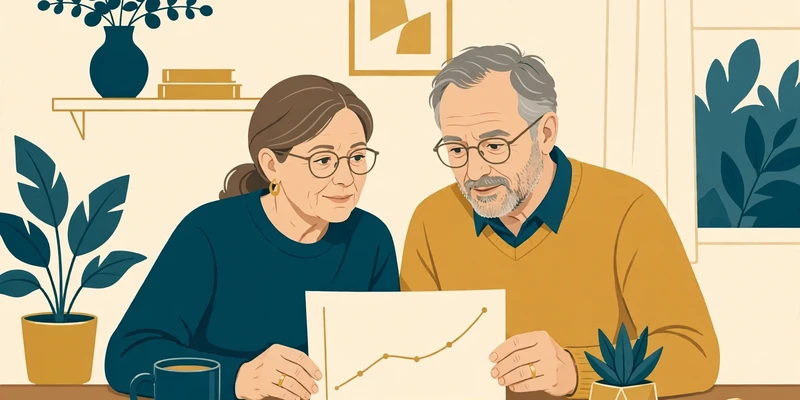Text-free illustration in deep teal and gold on pale cream showing a married couple reviewing a retirement savings chart together at a table