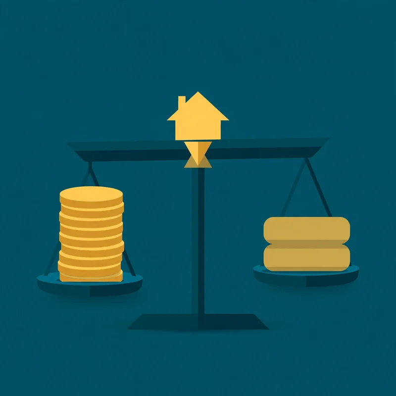 Flat fintech illustration in deep teal and gold: a balance scale weighing a tall stack of gold coins against two smaller stacked gold loan blocks, with a small house emblem on the beam.