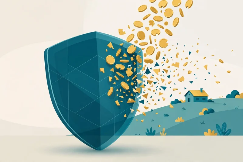 Flat fintech illustration in deep teal and gold: a large teal shield deflecting a shattering cascade of gold coins and fee tokens, a small house on a hill protected behind it.