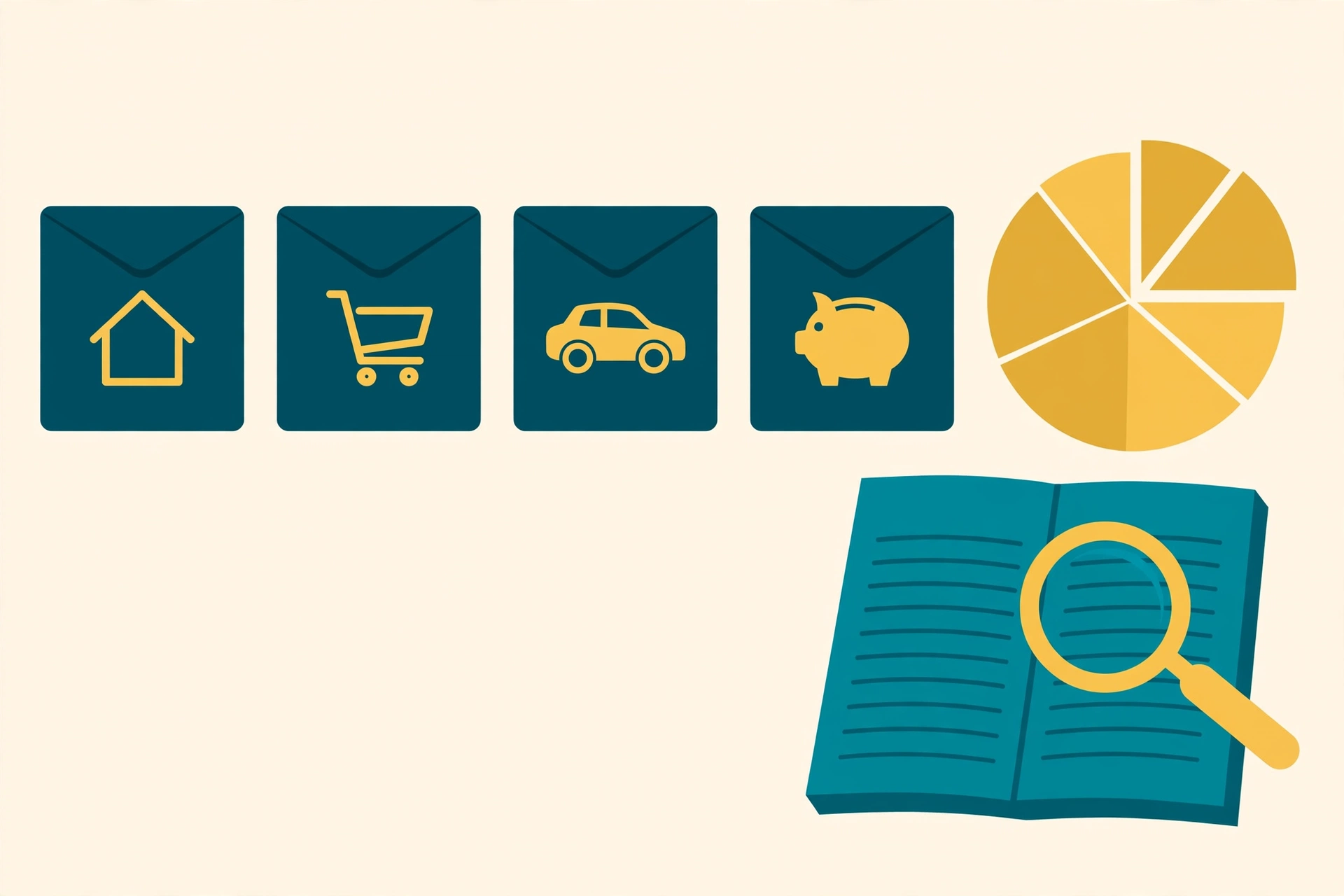 Flat fintech illustration in deep teal and gold: a row of deep teal budgeting envelopes with abstract gold category icons beside a large gold pie chart, a gold magnifying glass over a teal ledger page, on a pale cream background, no text.