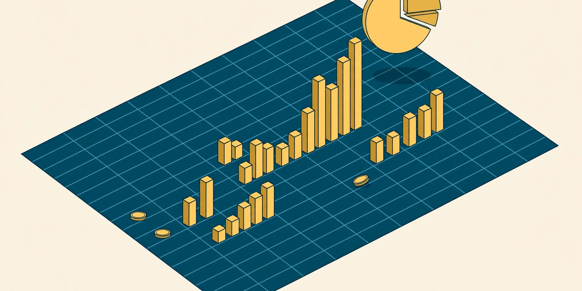 Flat fintech illustration in deep teal and gold: a deep teal spreadsheet grid seen at an angle with gold bar charts rising from the cells, gold coins along the grid and a gold pie chart above one corner, on a pale cream background, no text.