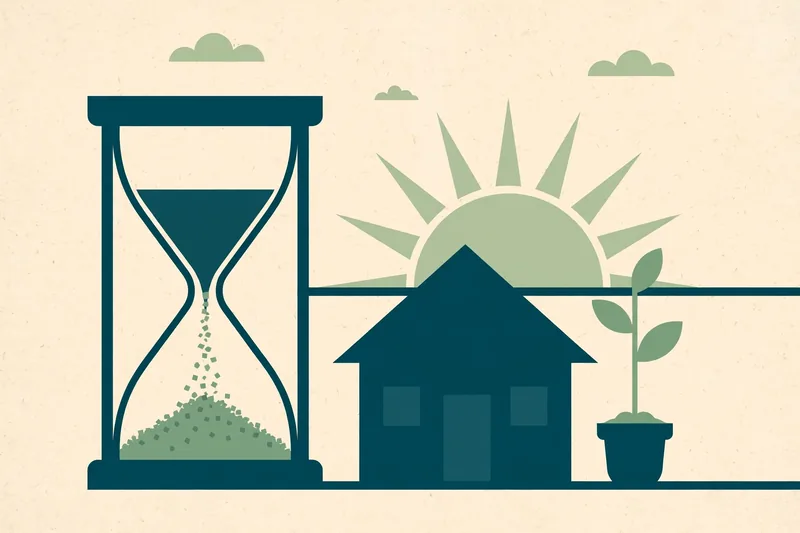 Illustration of an hourglass beside a small house with a rising sun and a growing plant