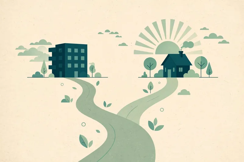 Illustration of a path forking between an apartment building and a small house with a rising sun behind it