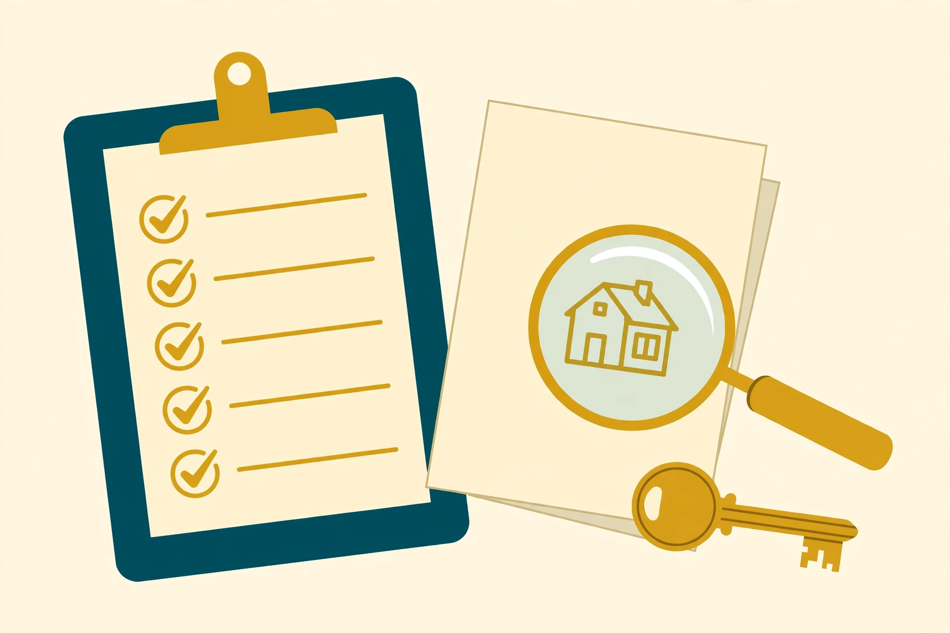 Flat fintech illustration in deep teal and gold: a teal clipboard with a gold-checked due-diligence checklist, a magnifying glass over house title documents, and a golden key on a pale cream background.