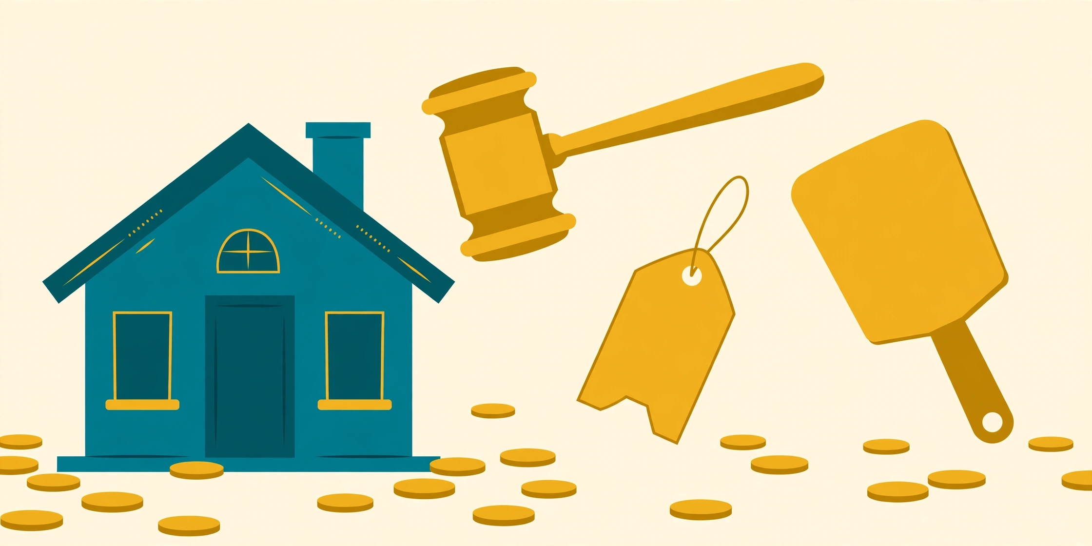 Flat fintech illustration in deep teal and gold: a teal house with a golden auction gavel striking beside it, a blank price tag and bidding paddle, scattered gold coins on a pale cream background.