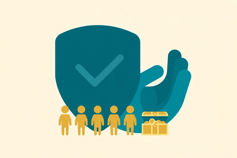 Flat fintech illustration in deep teal and gold: a large teal shield with a check mark standing protectively before five gold beneficiary figures, a teal hand guarding a gold treasure chest, on a pale cream background, no text