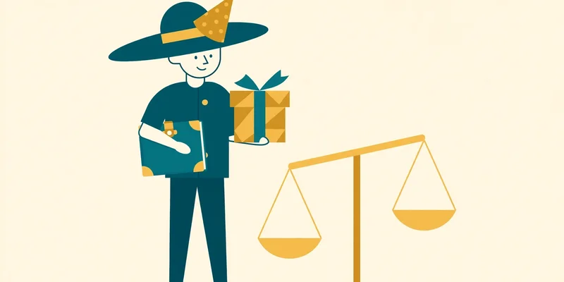 Flat fintech illustration in deep teal and gold: a figure wearing a trustee ledger-clerk hat and a beneficiary party cap, holding a teal ledger book in one hand and a gold gift box in the other, beside a balance scale, on a pale cream background, no text