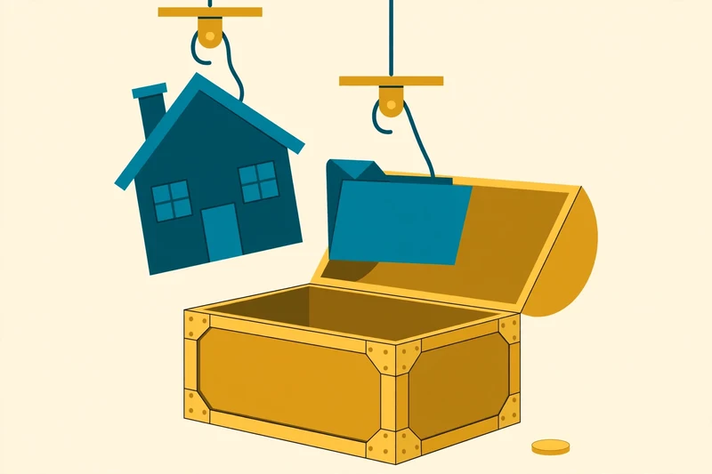 Flat fintech illustration in deep teal and gold: a teal house and document folder being lowered into an open golden trust chest, with one gold coin left outside, pale cream background, no text