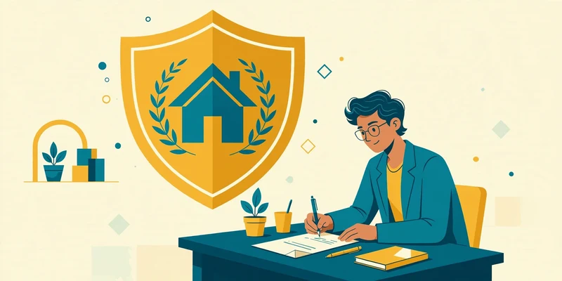 Flat fintech illustration in deep teal and gold: a person signing trust papers alone at a desk, a large golden shield with a teal house motif behind them, pale cream background, no text