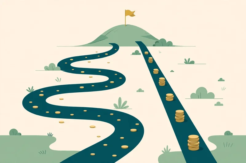 Flat fintech illustration: two roads diverging toward the same zero-balance flag, a long winding road with small coins scattered representing minimum payments and a short straight road with larger coins representing fixed payments