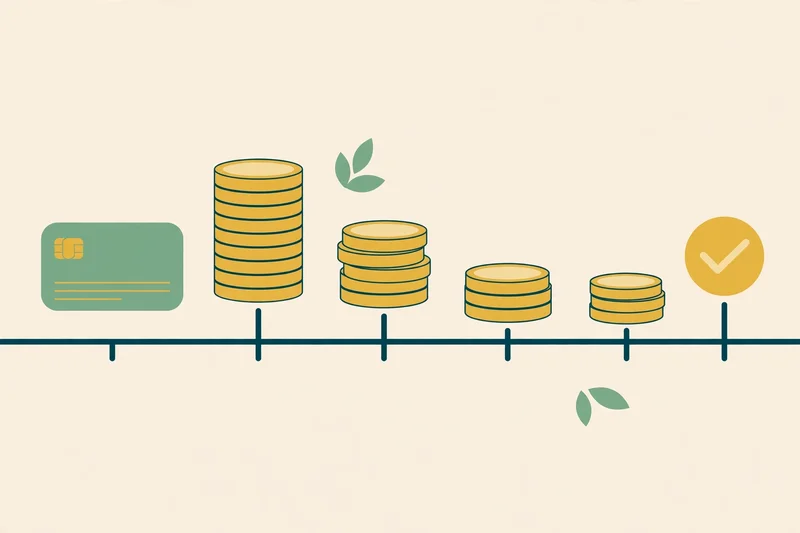 Flat fintech illustration in deep teal and gold: a tall stack of gold coins shrinking month by month along a timeline, a credit card at the start, a checkmark badge at the end