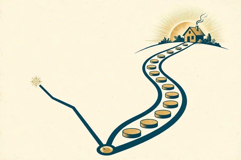 Flat fintech illustration of two diverging paths at a crossroads — a short road to a clean slate and a longer road past a house and car, symbolizing the Chapter 7 vs Chapter 13 choice.