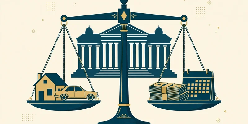 Flat fintech illustration of a balance scale weighing a house and car against bills, with a calendar showing months versus years — the trade-off between the two bankruptcy chapters.