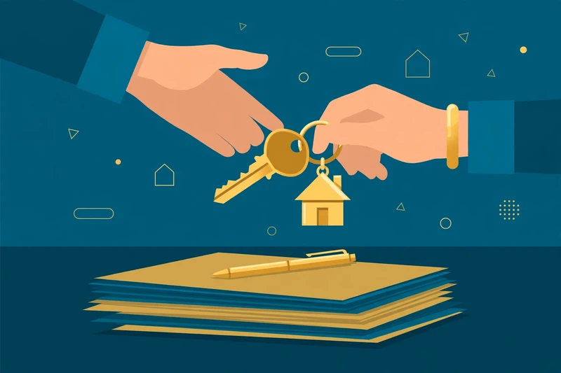 Flat fintech illustration in deep teal and gold: two hands passing a brass house key with a house-shaped keychain over a signed stack of documents.