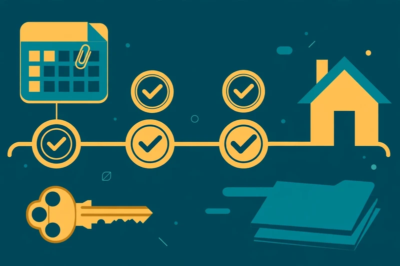 Flat fintech illustration in deep teal and gold: a calendar page connected by a gold timeline with checkmarks leading to a house, beside a brass key and teal document folders.