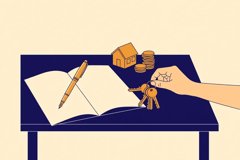Hand passing house keys across a signing desk with a closing document, fountain pen, house model and coins