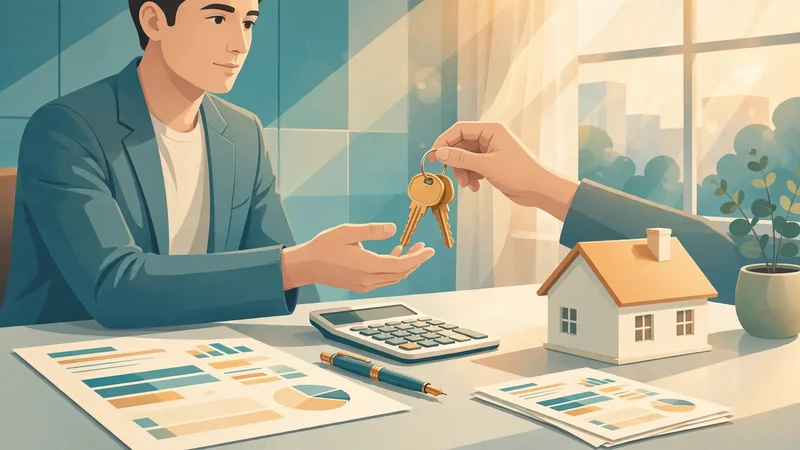 Home buyer at a signing desk receiving house keys, with fee breakdown sheets, a fountain pen and a calculator