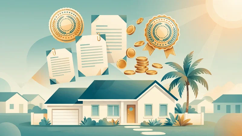 Florida suburban home with palm tree and official tax stamp seals, documents and gold coins floating above it