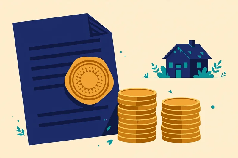 Illustration of a mortgage document with an amber seal beside stacks of gold coins and a small house, symbolising Georgia's intangible mortgage recording tax