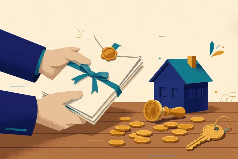 Illustration of an attorney-supervised closing table in Georgia, with a lawyer passing sealed closing documents, an amber tax seal stamp, a small house model, gold coins and a brass key