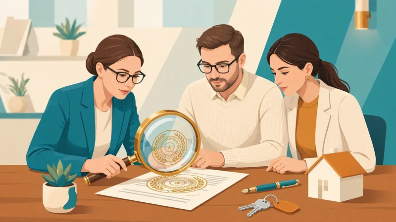 Flat fintech illustration of a real estate attorney reviewing closing documents with a homebuyer couple, magnifying glass over a stamped page, house model and keys on the desk